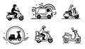 Employee riding delivery bike hand drawn outline doodle icons Motorbike and business, courier, scooter concept.