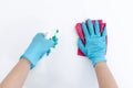 Employee`s hands were wiping the white walls, use a towel moistened with cleaning solution to rub the wall, Text fill area Royalty Free Stock Photo
