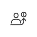 employee salary increase icon on white background with people, arrow up graphic and dollar money symbol. raise revenue business