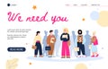 Employee search website banner with cartoon job candidates with CV