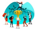 Employee Successfully Achieve Target, Celebrate by Standing in First Trophy and Appreciated by Colleagues. Flat Cartoon Style. Vec