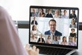 Employee talk on webcam conference with diverse colleagues Royalty Free Stock Photo