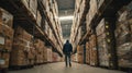 Warehouse Employee Transiting Packed Aisle of Boxes and Pallets Royalty Free Stock Photo