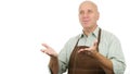 Employee Wearing an Apron Gesticulating and Talking About His Business in a Presentation Interview Royalty Free Stock Photo