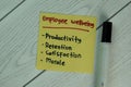 Employee Wellbeing write on sticky notes isolated on Wooden Table