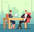 Employee woman and interviewer boss meeting at desk. Job interview and recruitment vector cartoon concept Royalty Free Stock Photo