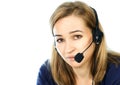 Employee working in a call center. Headset telemarketing woman talking on helpline Royalty Free Stock Photo