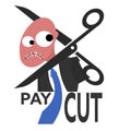 Scissor beheading office worker or employee while his lips are stitched together. Concept of pay cuts during crisis.