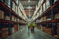 Employees with clipboard and cart inspecting inventory in a well-organized warehouse aisle Royalty Free Stock Photo