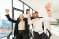 Employees of the company staged a chair race in the office. Office entertainment.