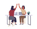 Employees in coworking open office flat vector illustration. Women giving high five at workplace cartoon characters