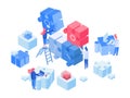 Employees coworking, team working isometric illustration