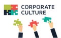 Employees holding and connecting puzzle pieces together. Teamwork and Corporate Culture vector concept in flat style.