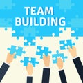 Employees holding and connecting puzzle pieces together. Teamwork and Corporate Culture vector concept in flat style.