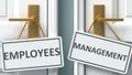 Employees or management as a choice in life - pictured as words Employees, management on doors to show that Employees and