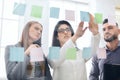 Employees sticking reminders on visualization board in office