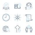 Employees teamwork, Time and Internet search icons set. Product knowledge, Energy growing and Networking signs. Vector