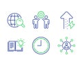 Employees teamwork, Time and Internet search icons set. Product knowledge, Energy growing and Networking signs. Vector