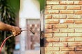 Employees at a termite control company are using a chemical sprayer to get rid of termites at customers` homes and search for