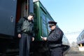 Employees of the transport police at the station Moscow-Paveletskaya.