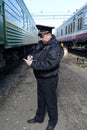 Employees of the transport police at the station Moscow-Paveletskaya.