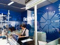 Employees in the workplace in office of the Belarusian state airline Belavia, located in the capital of Belarus, Minsk