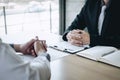 Employer arriving for a job interview, businessman listen to candidate answers explaining about his profile and colloquy dream job