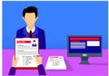 Employer interviewing and evaluating a young candidate with copy space.Vector illustration