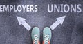 Employers and unions as different choices in life - pictured as words Employers, unions on a road to symbolize making decision and