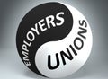 Employers and unions in balance - pictured as words Employers, unions and yin yang symbol, to show harmony between Employers and