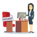 Employment, vacancy and hiring job vector concept. Cartoon character HR manager and office workplace