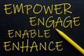 Empower Engage Enable Enhance Yellow Pen with yellow text own rent at the black background