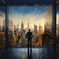 An empowered, successful businessman gazes confidently from his office skyscraper window, looking at the cityscape