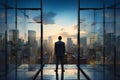 An empowered, successful businessman gazes confidently from his office skyscraper window