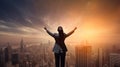 Empowered Vision: Businesswoman Triumphantly Embracing Success above City Skyline Royalty Free Stock Photo