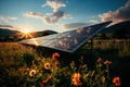 Empowering earth: Solar panels amidst meadow illustrate the beauty of harnessing sunshine for clean power. Ai generated