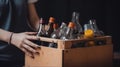 Woman Eco Activist hands holding box garbage ready for recycling, plastic and glass bottles, Zero waste lifestyle Royalty Free Stock Photo