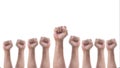 Empowering people power, human rights and May day, labor day concept with male clenched fist of man`s hand group isolated