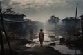 Back view of child walking in abandoned penniless village. Generative AI Royalty Free Stock Photo