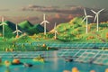 Empowering villages with renewable energy, illustrations of solar panels and wind turbines