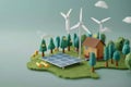 Empowering villages with renewable energy, illustrations of solar panels and wind turbines