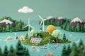 Empowering villages with renewable energy, illustrations of solar panels and wind turbines