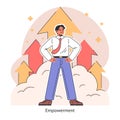 Empowerment. Confident employee stands tall amidst rising arrows. Business