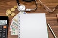Empry notepad with stethoscope, euro money, glasses, pen, calculator Royalty Free Stock Photo