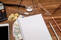 Empry notepad with stethoscope, euro money, glasses, pen, calculator Royalty Free Stock Photo