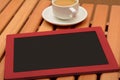 Empt Slate chalkboard with cup of tea with copy space