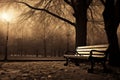 The emptiness of an urban park is accentuated by a woeful wooden bench amidst fallen leaves