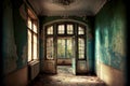 empty abandoned house with painted walls without glass in windows Royalty Free Stock Photo