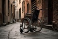 Empty abandoned wheelchair in center town village city illustration generative ai