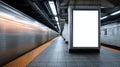 Empty advertisement display in NYC subway station. Fast moving train visible in background. Modern marketing Royalty Free Stock Photo